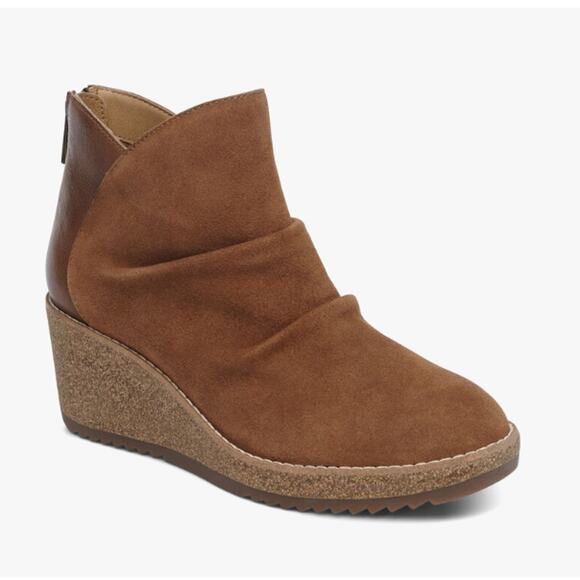 Aetrex Kara Ankle Wedge Boot Suede Leather Bootie | 40 EU (9-9.5) Cognac Brown - Picture 2 of 9